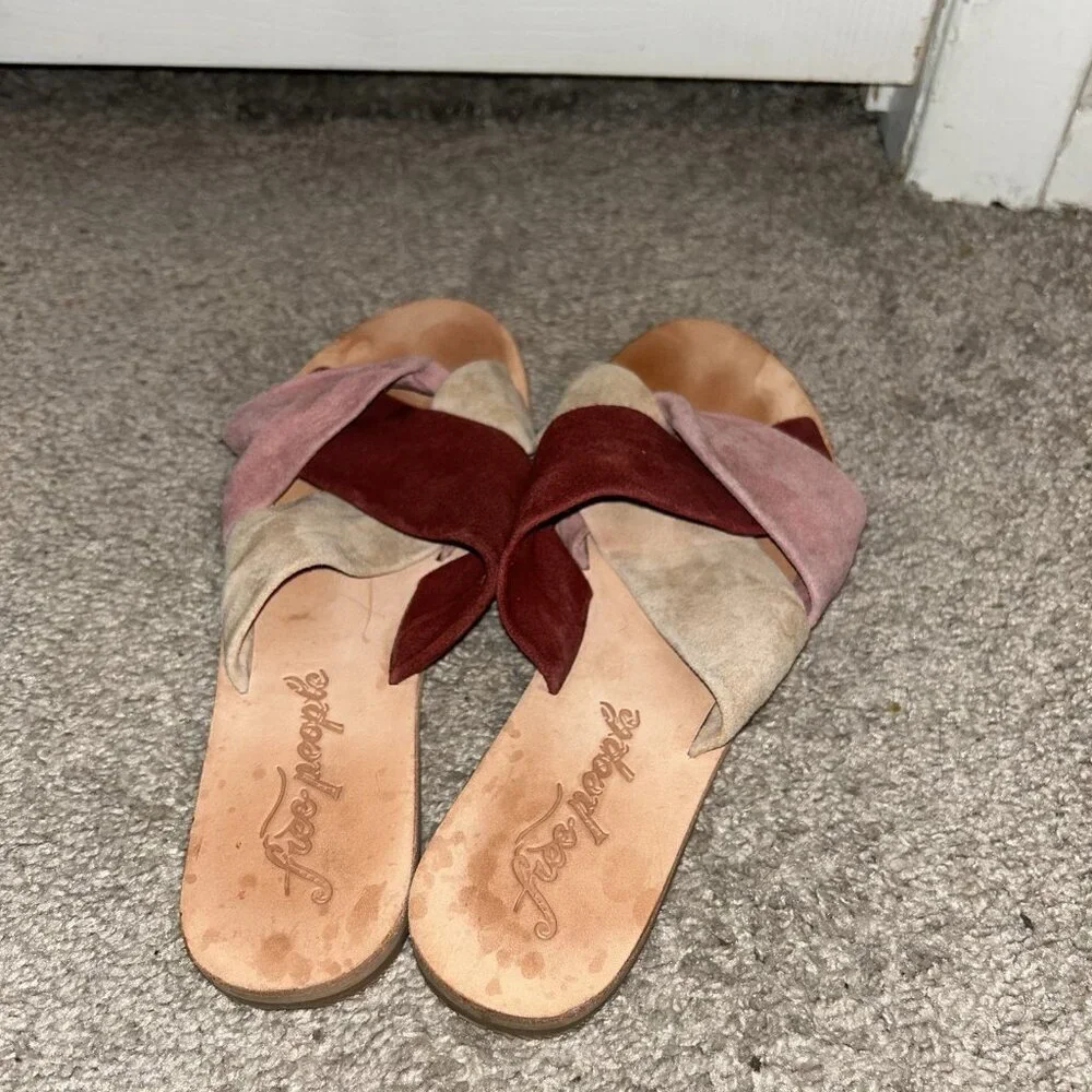 Free People Rio Vista Pink Leather Slip On Slide Boho Sandal Size EU 37 Us 7